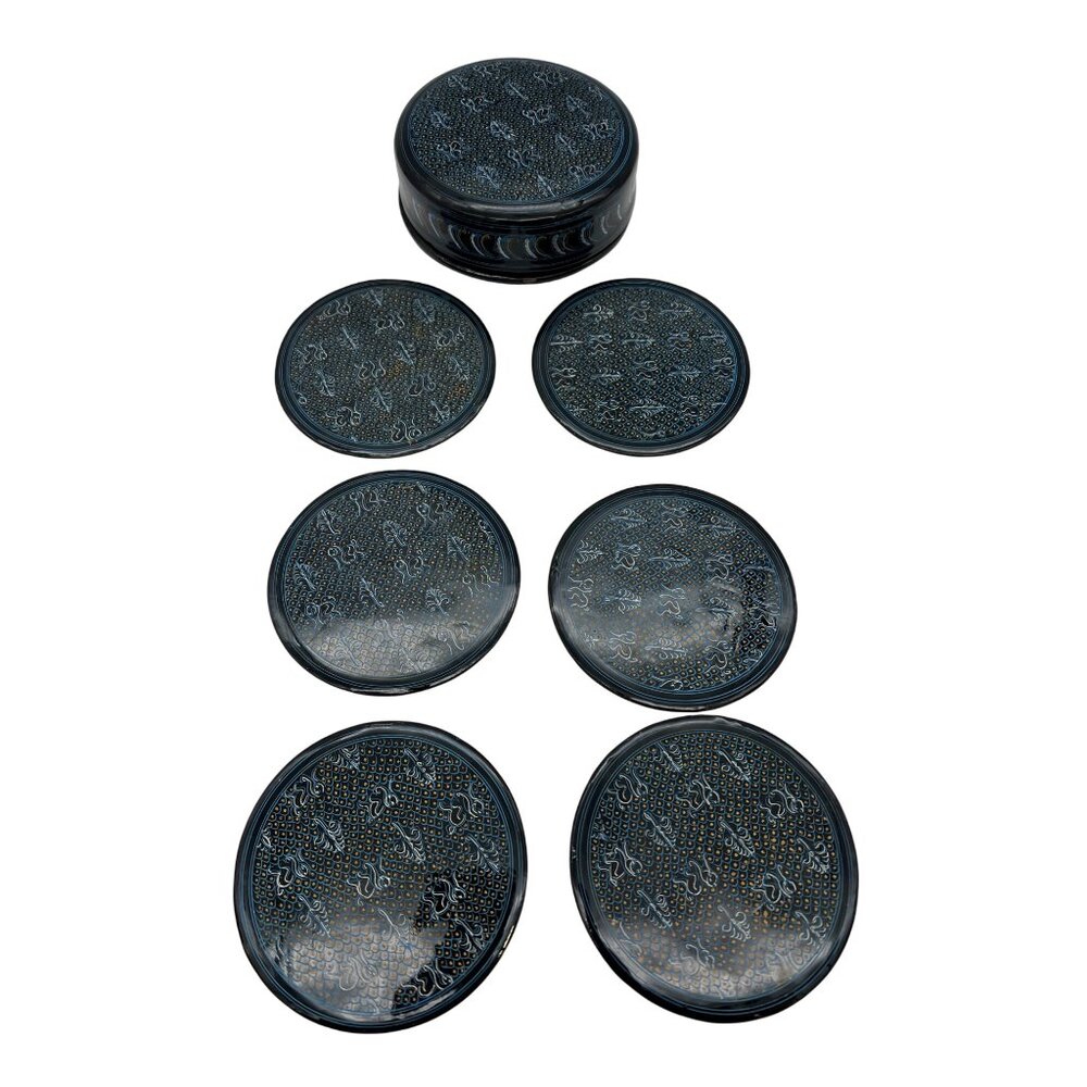 Handcrafted Black Lacquerware Six Drink Coasters & Storage Box Set 4"